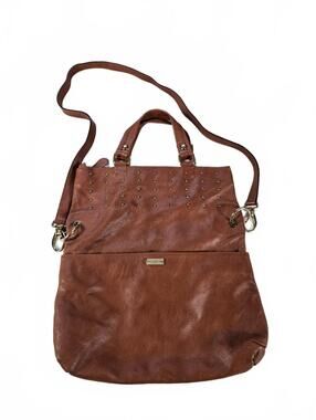 Pulicati Italian Leather Studded Foldover Crossbody Tote Bag Boho Indie Western